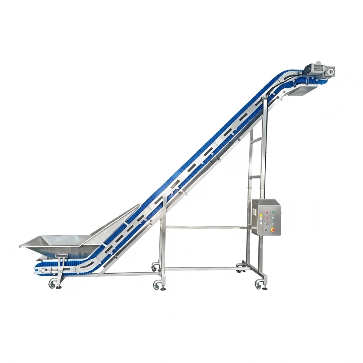 Climbing elevator with cleated net chain feeding the weighing line