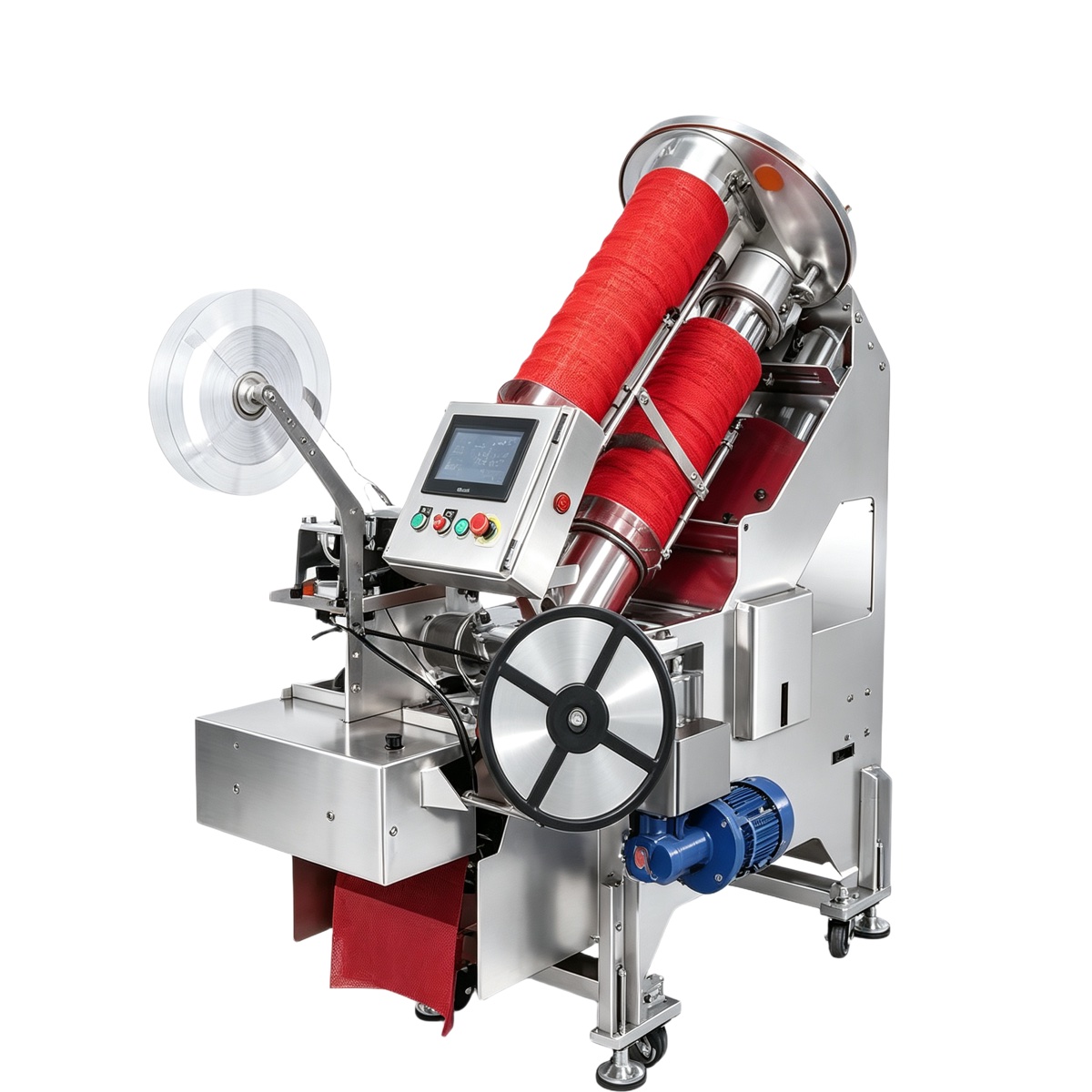 Inclined-tube net bag machine forming and clipping weighed net bags
