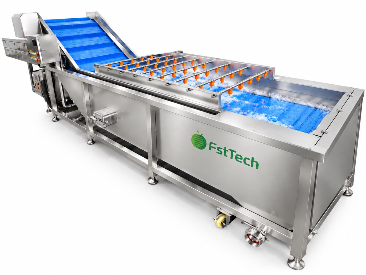 Bubble washing machine side view with inclined discharge conveyor
