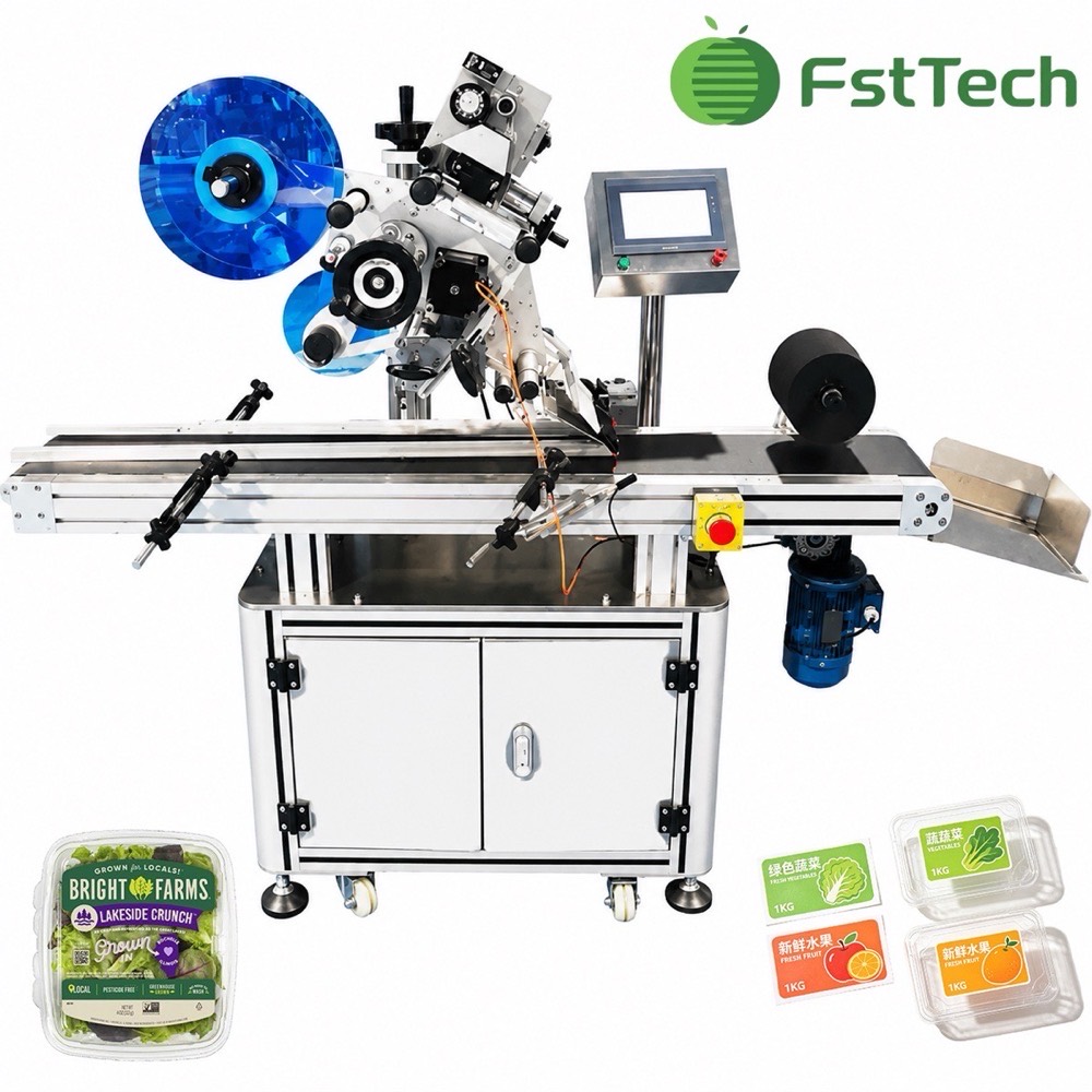 Flat surface labeling machine full view with conveyor, label head and label roll