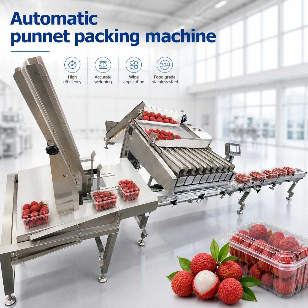 Lychee punnets being filled on the linear weigher punnet packing machine