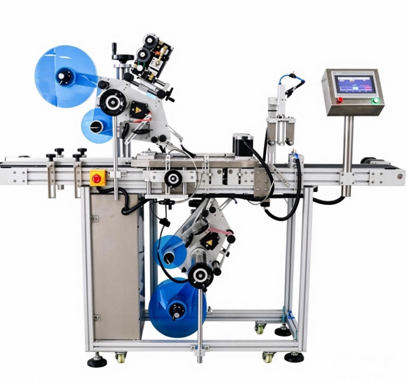 Top and bottom labeling machine with facing applicator heads over and under the conveyor