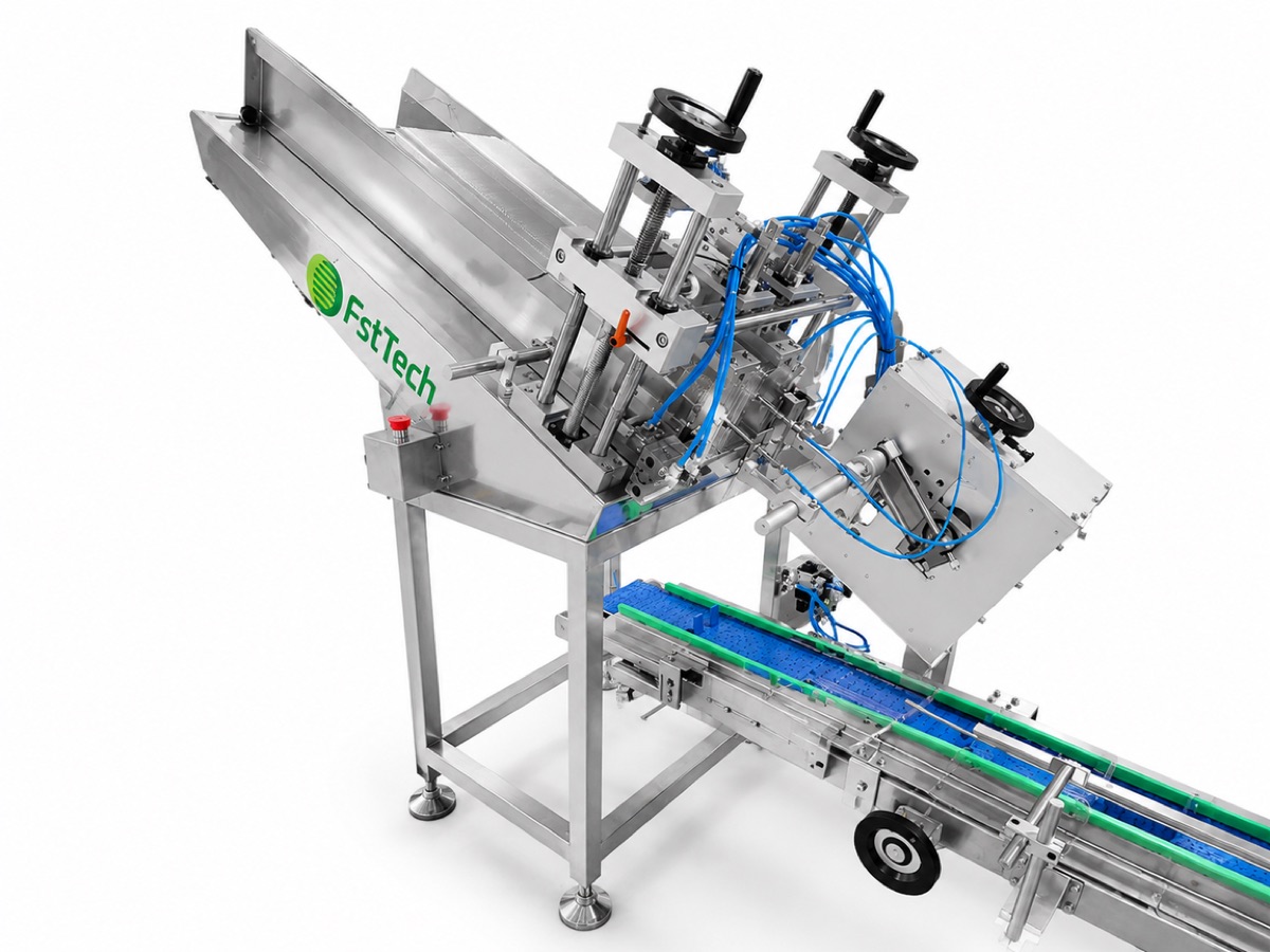Automatic punnet feeder dispensing empty punnets onto the packing line