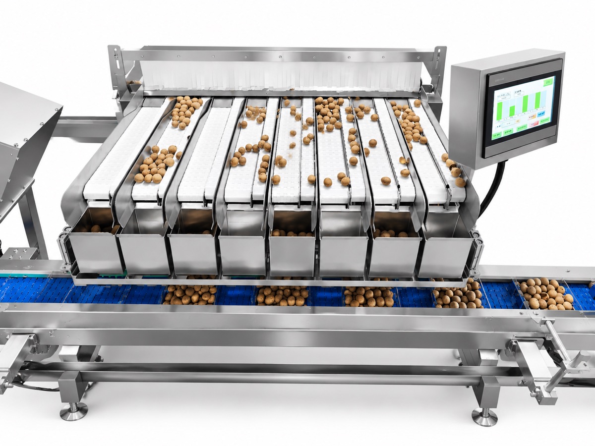 Linear weigher filling fruit punnets with weighed portions