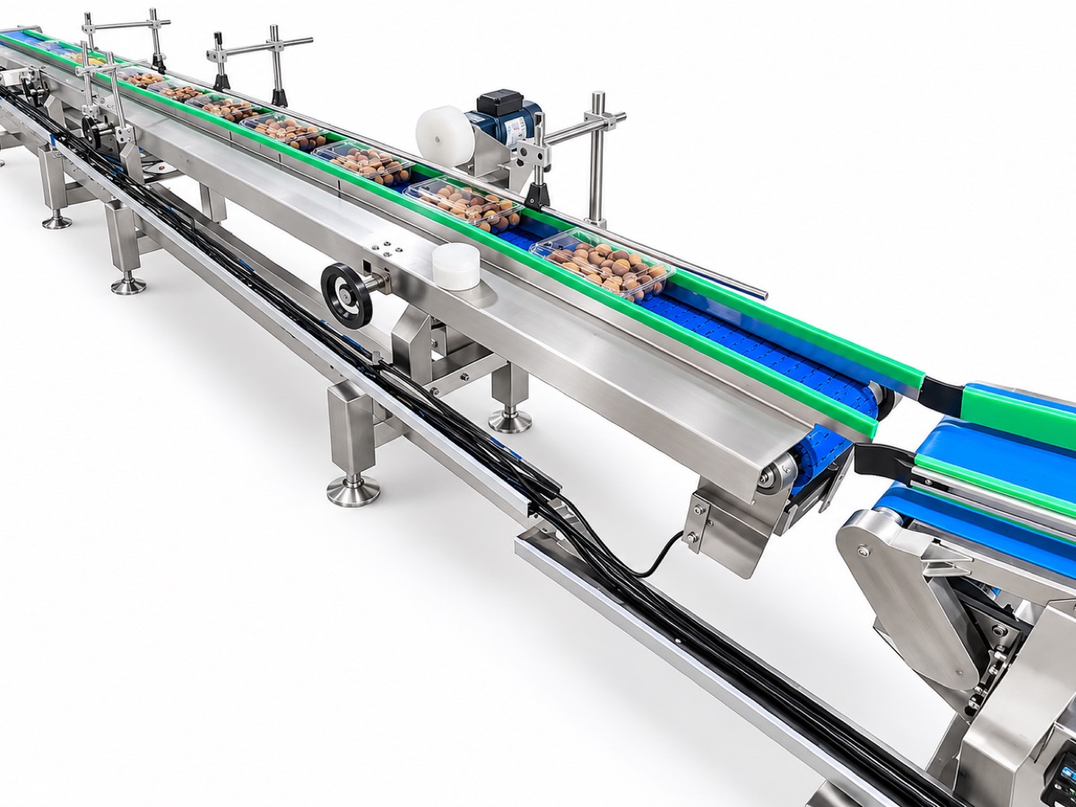Punnet closing conveyor pressing lids onto filled fruit punnets