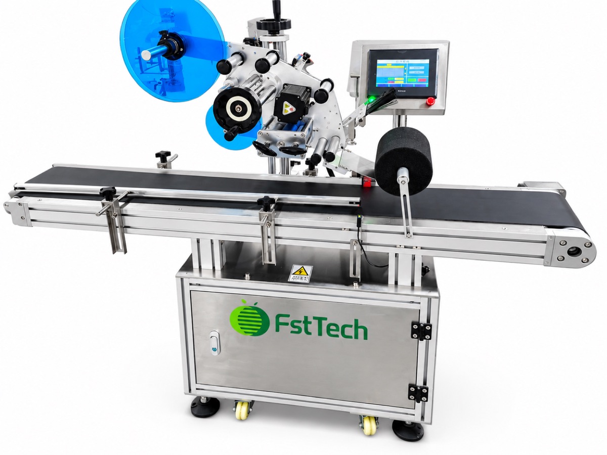 Labeling machine printing and applying labels to closed fruit punnets