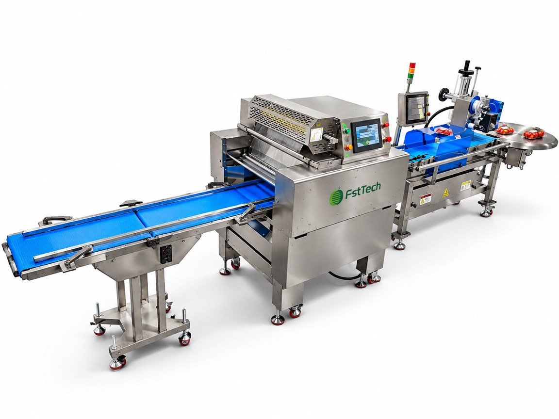 Vegetable pillow packaging line with weighing, printing and labeling machine